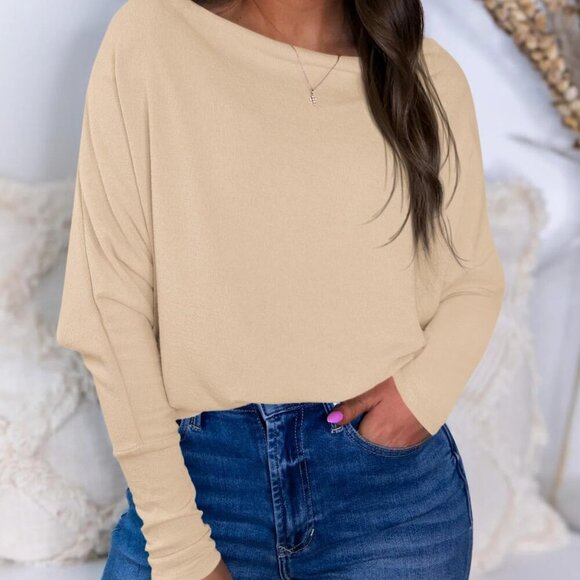 Women's Khaki Long Batwing Sleeve Off-the-Shoulder Loose Tunic Blouses - Picture 2 of 5